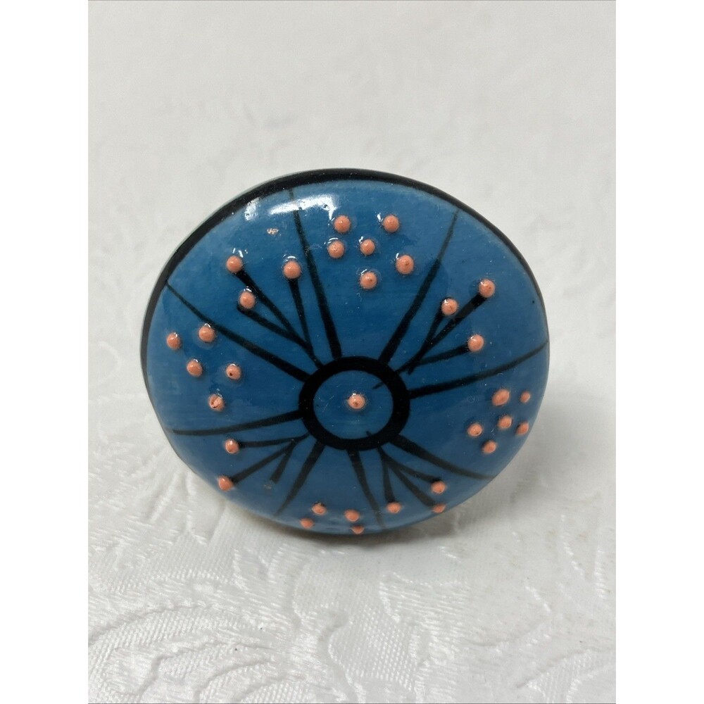 Hand Painted Ceramic Cabinet Knob Blue Pink Black Drawer Pull Single ~1.75” D